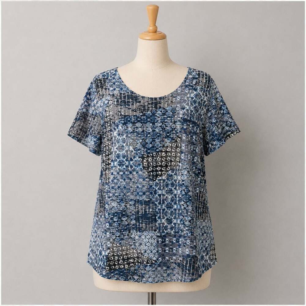 Coldwater Creek Burnout Women’s XL Blue Patchwork Print Short Sleeve Top